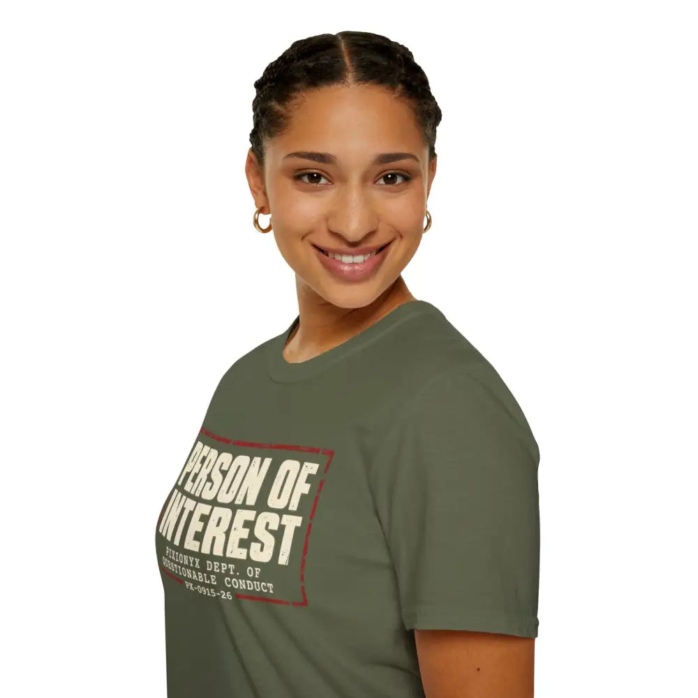 Olive green cotton person of interest unisex t-shirt with bold white red graphic care instructions low heat tumble dry