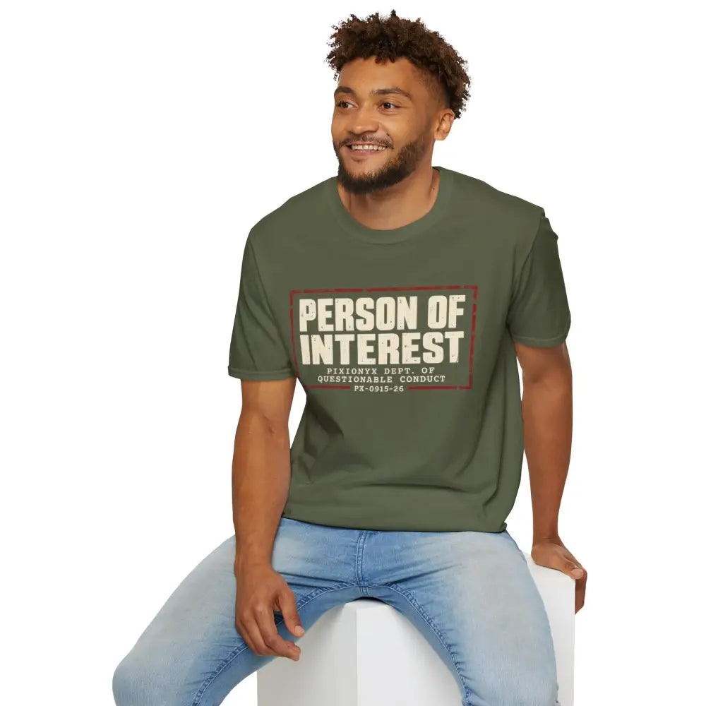 Olive green person of interest unisex t-shirt with distressed white and red graphic care instructions low heat tumble dry