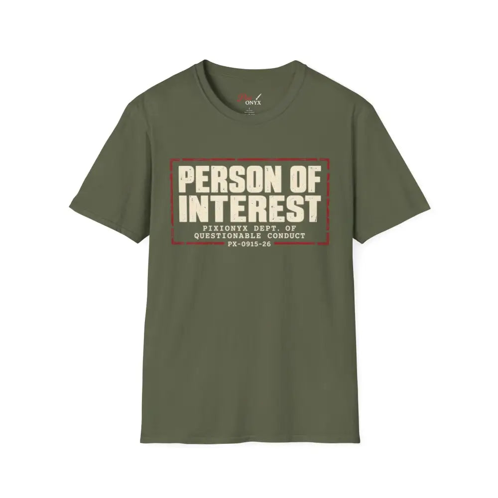 Olive green person of interest unisex t-shirt with distressed white and red graphic and low heat tumble dry care instructions