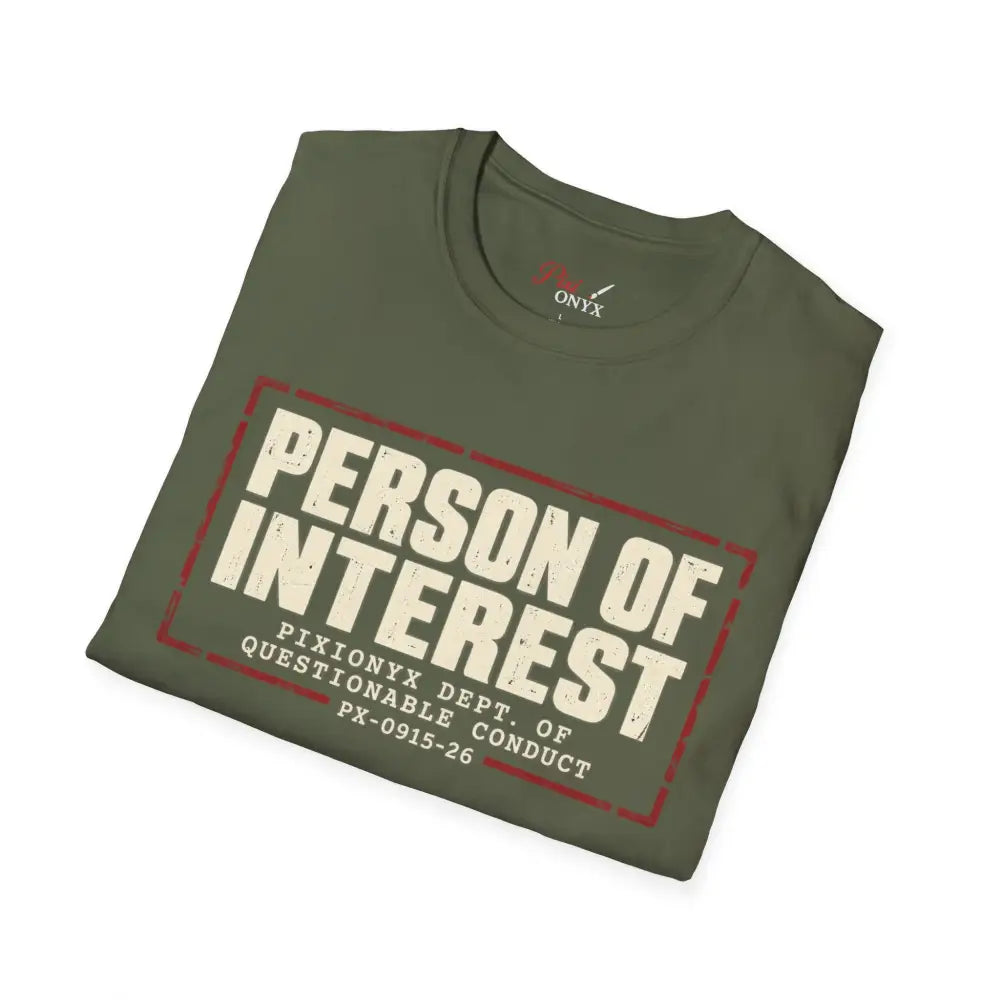Olive green cotton person of interest unisex t-shirt with distressed white and red graphic tumble dry low heat care instructions