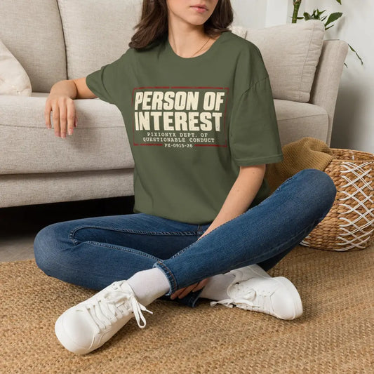 Person of interest unisex cotton t-shirt in olive green with distressed white and red graphic design care instructions low heat tumble dry