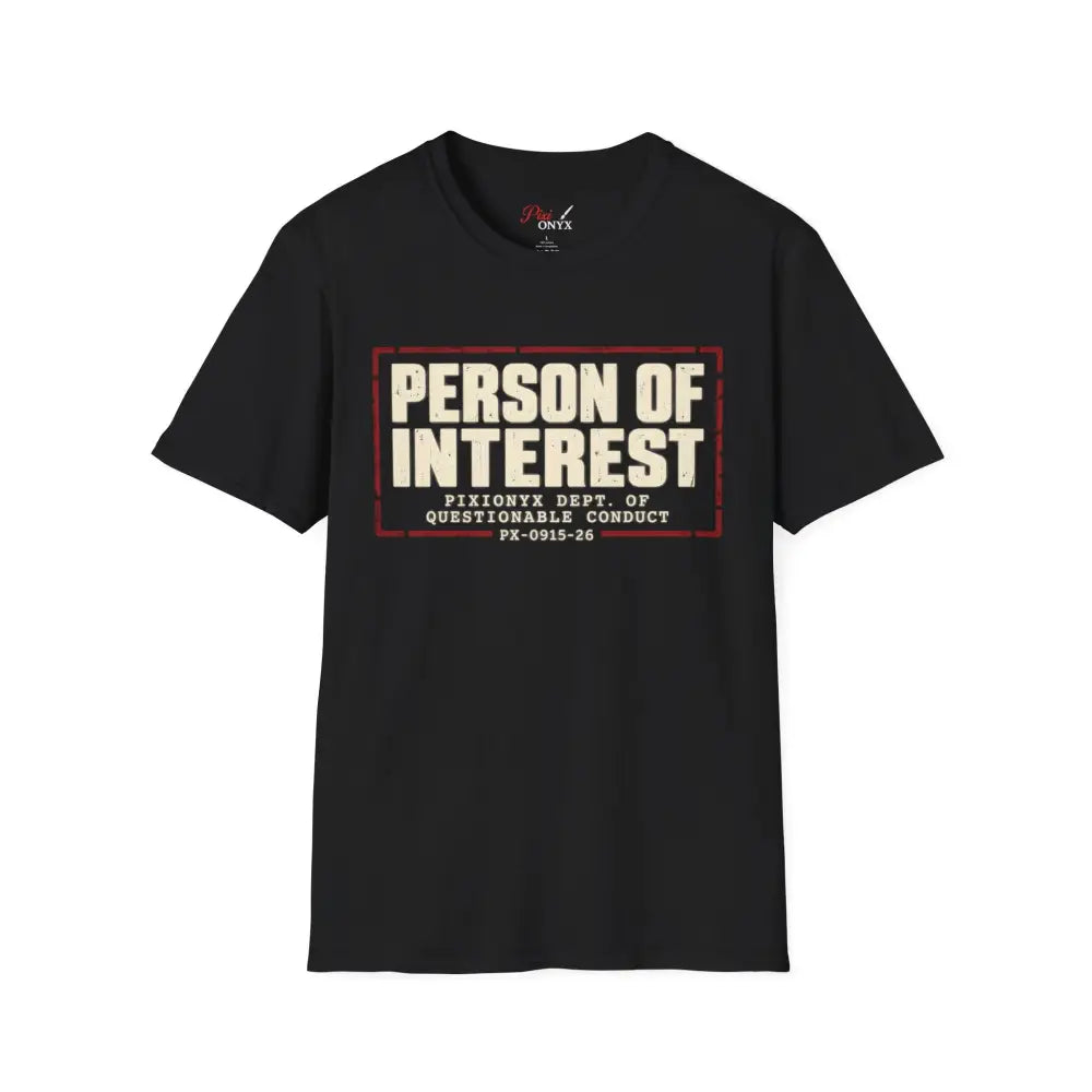 Black short-sleeved cotton person of interest vintage block graphic tee with distressed white and red print low heat tumble dry care instructions