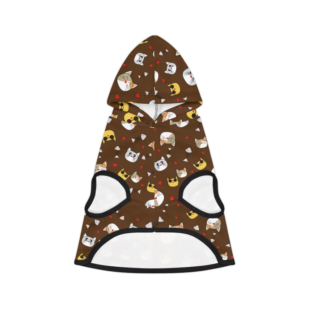 Brown cat-patterned pet hoodie from PixiOnyx Cozy Critterwear with paw and whisker design