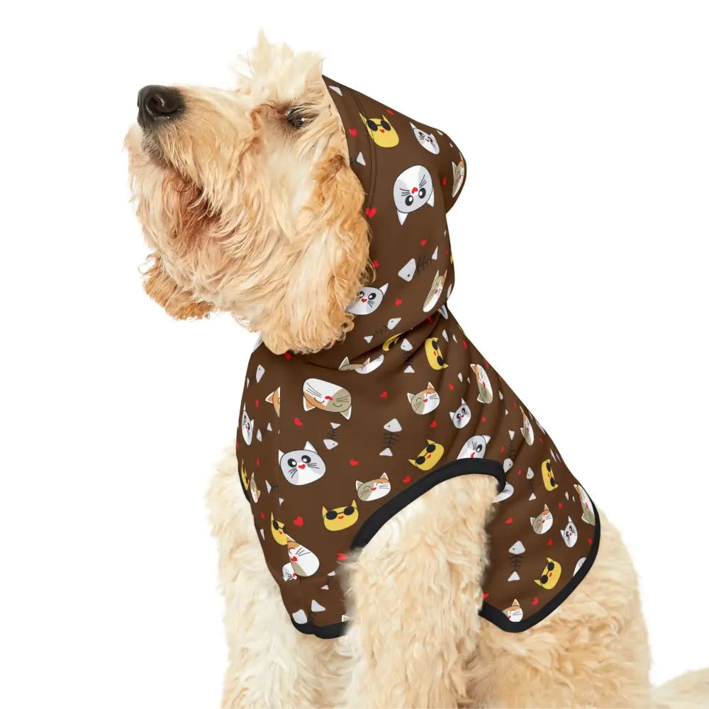 Dog wearing a cat-patterned Pet Hoodie from PixiOnyx Cozy Critterwear for pets