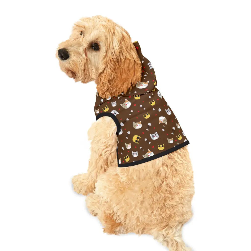 Dog wearing a brown cat-patterned hoodie from PixiOnyx Cozy Critterwear Pet Hoodie