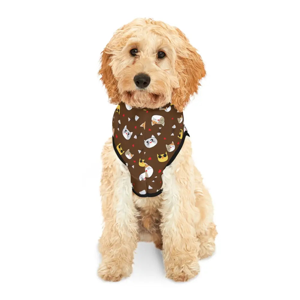 Golden Doodle wearing a cat-patterned harness from PixiOnyx Cozy Critterwear Pet Hoodie