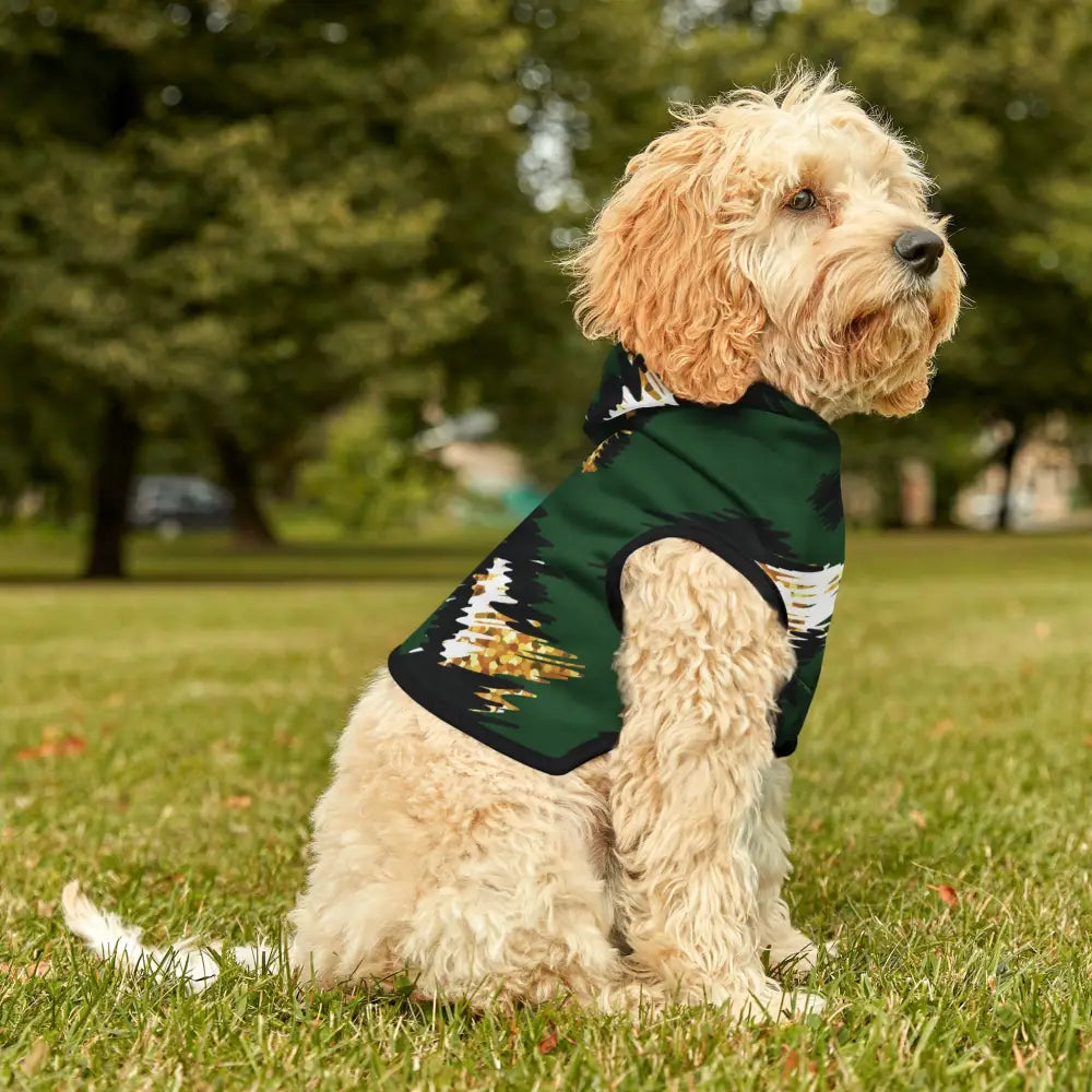 Dog wearing Skyhawk Forest Camo Pet Hoodie from PixiOnyx Bold Petwear
