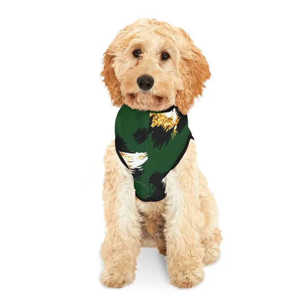 Dog wearing a green patterned harness on Pet Hoodie Skyhawk Forest Camo PixiOnyx Bold Petwear