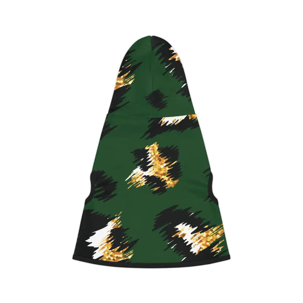 Green and gold leopard print Pet Hoodie in Skyhawk Forest Camo by PixiOnyx Bold Petwear