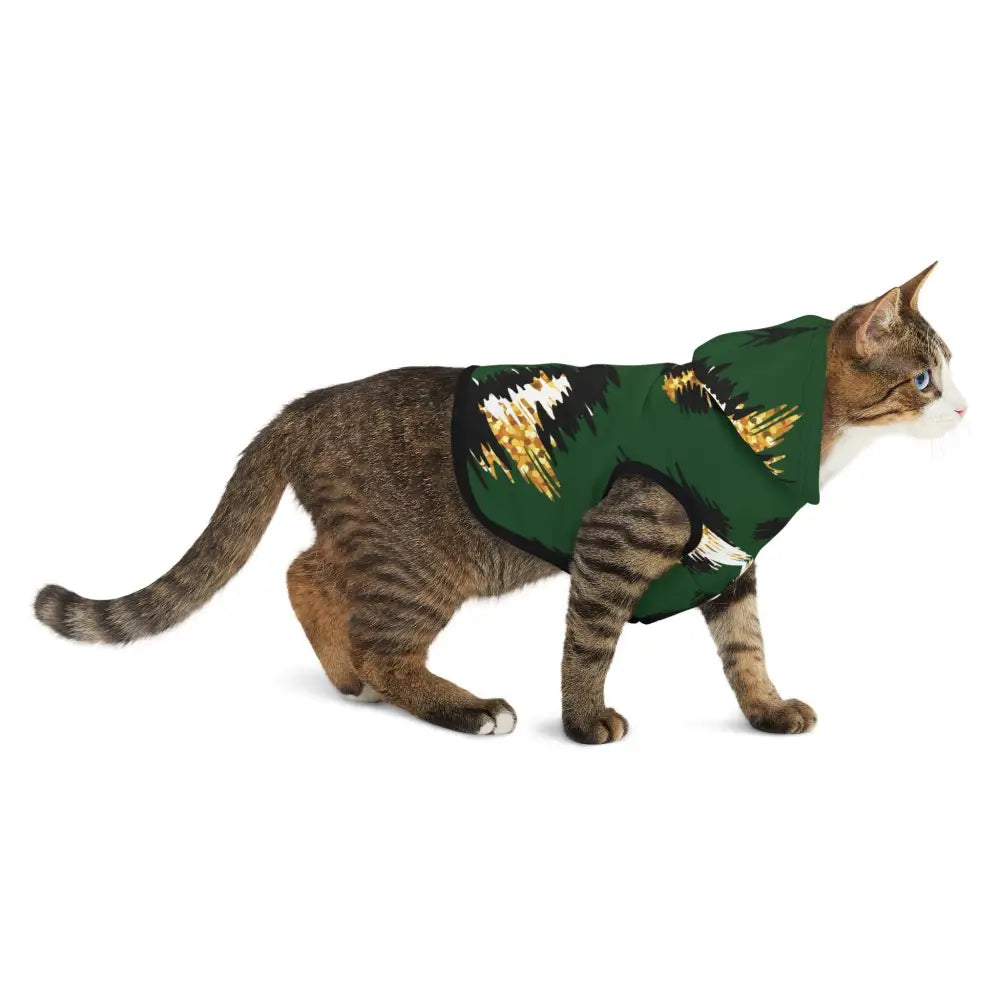 Tabby cat wearing Skyhawk Forest Camo Pet Hoodie from PixiOnyx Bold Petwear
