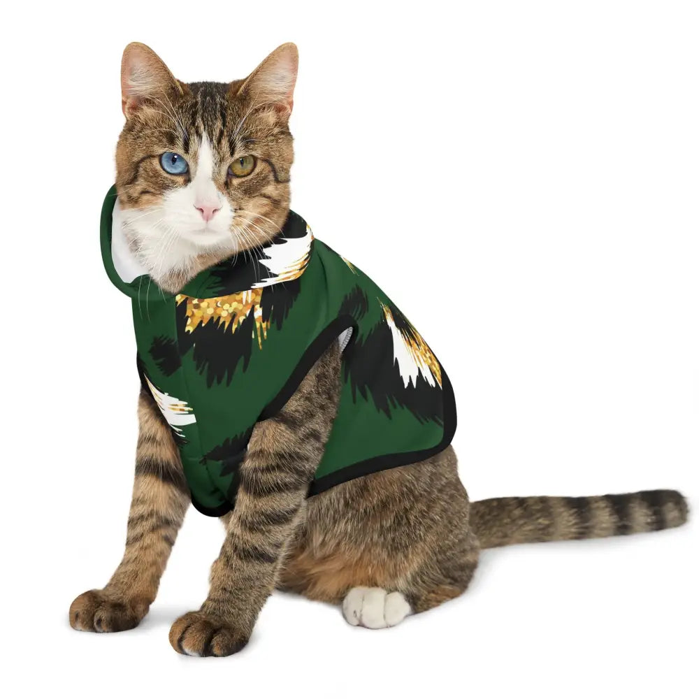 Tabby cat wearing a green patterned hoodie from Pet Hoodie Skyhawk Forest Camo PixiOnyx Bold Petwear