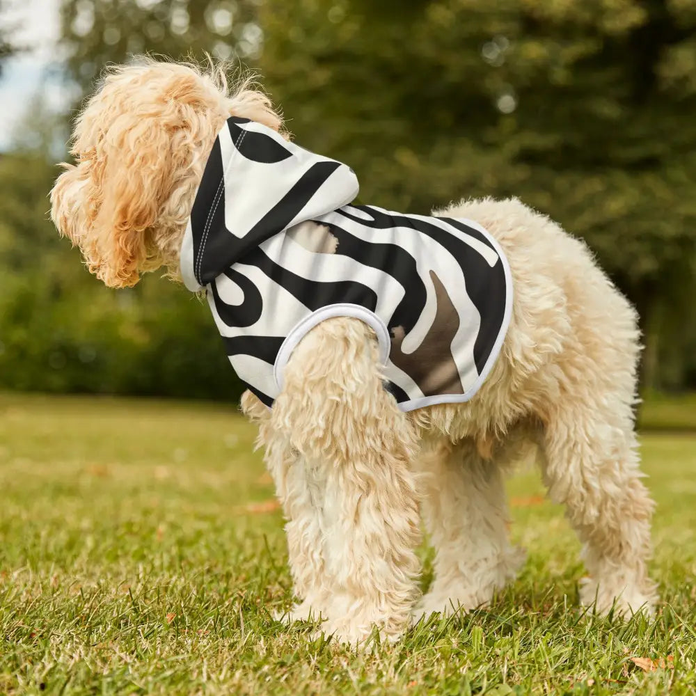 Dog wearing a zebra-striped hoodie from Pet Hoodie Zebra Drift by PixiOnyx Bold Petwear