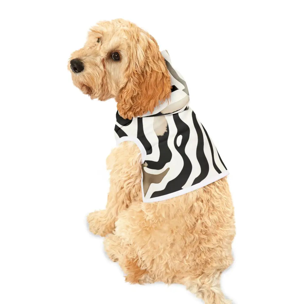 Dog wearing a zebra-striped hoodie from Pet Hoodie Zebra Drift by PixiOnyx Bold Petwear