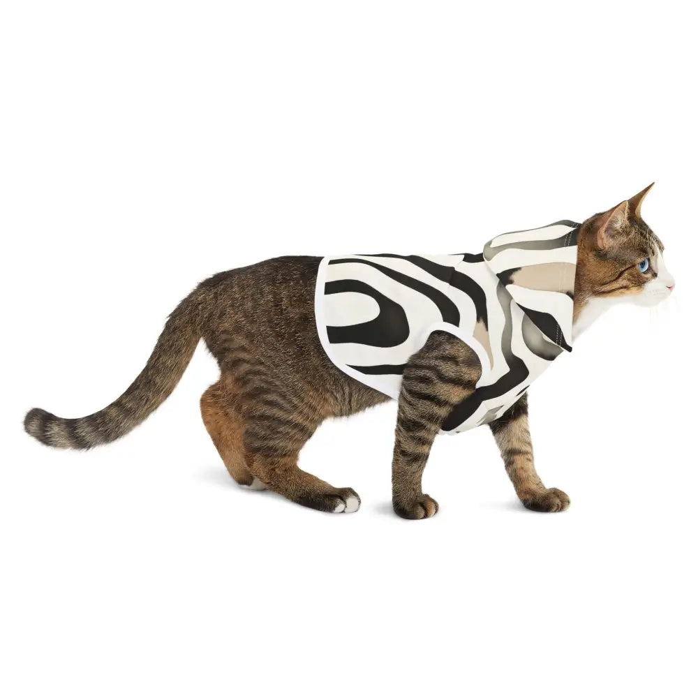 Tabby cat wearing Zebra Drift Pet Hoodie from PixiOnyx Bold Petwear
