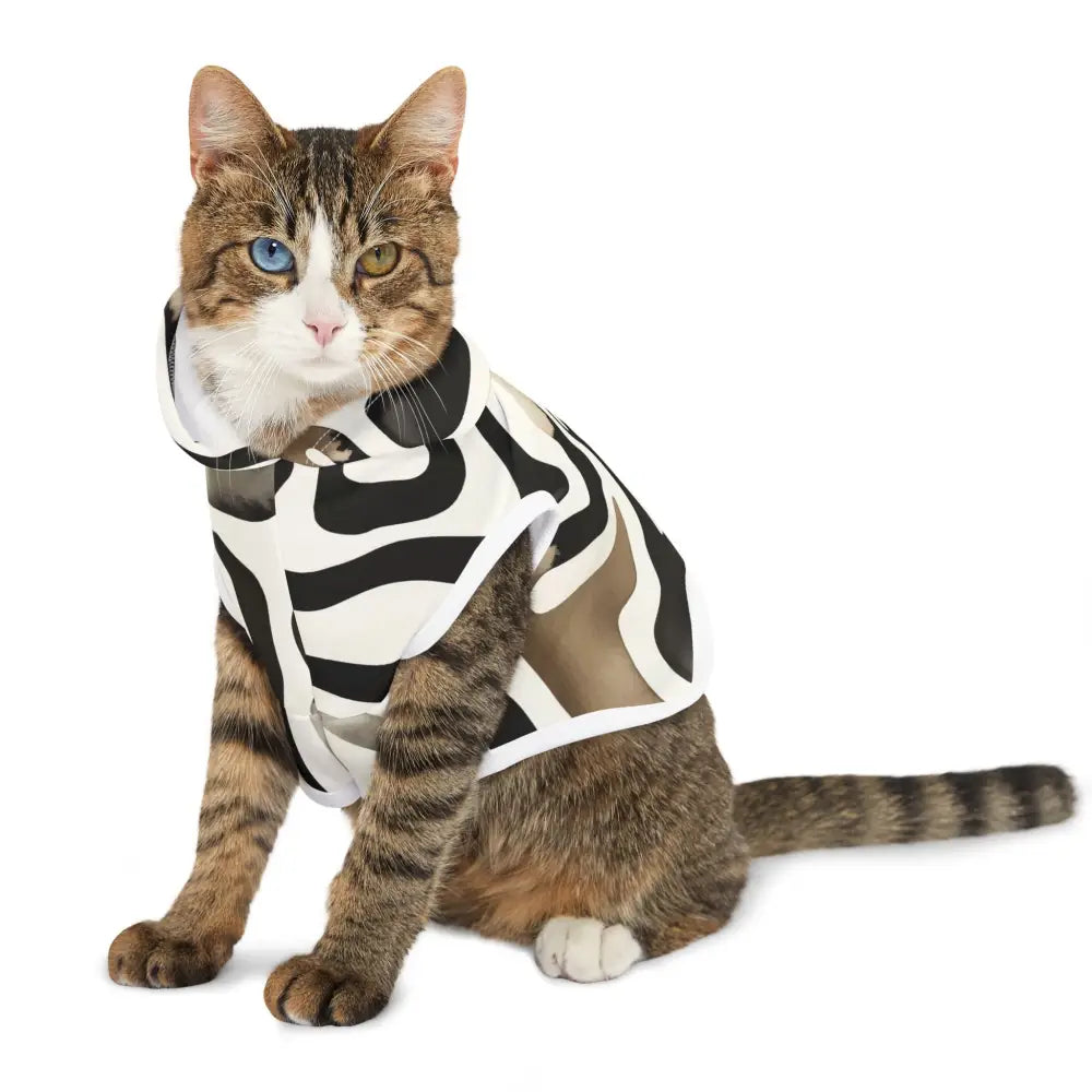 Tabby cat wearing Zebra-Striped Hoodie from PixiOnyx Bold Petwear