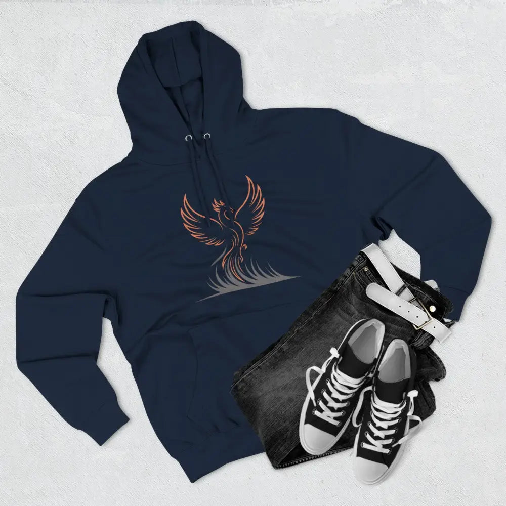 Dark blue Phoenix Rise Fleece hoodie with orange and grey graphic, machine washable at max 30C