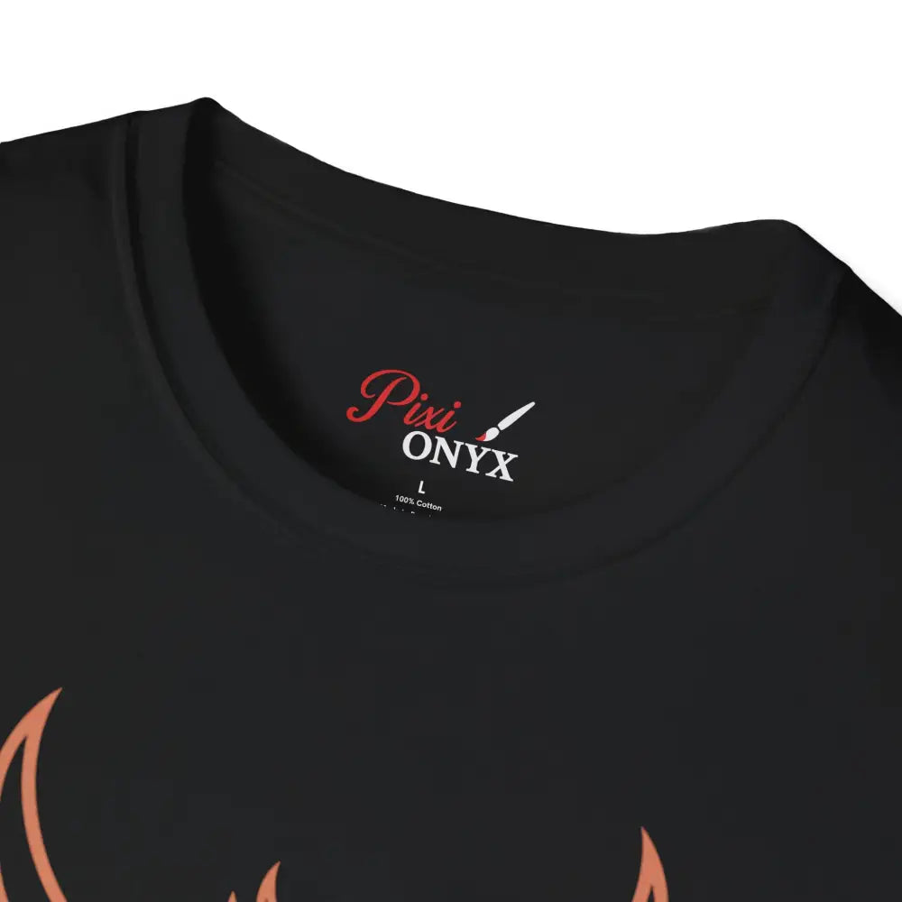 Black t-shirt with colorful graphic design, reduced fabric waste, elastic ribbed knit, shoulder tape stabilizes