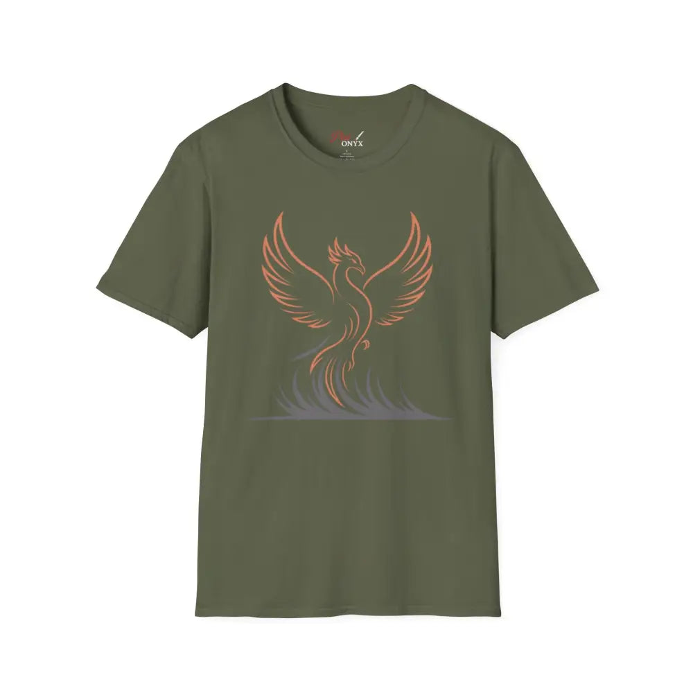 Olive green Phoenix Rising T-Shirt with stylized phoenix design, elastic ribbed knit, shoulder tape stabilizes