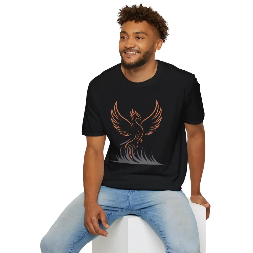 Black short-sleeve crew neck T-shirt with stylized phoenix design, elastic ribbed knit