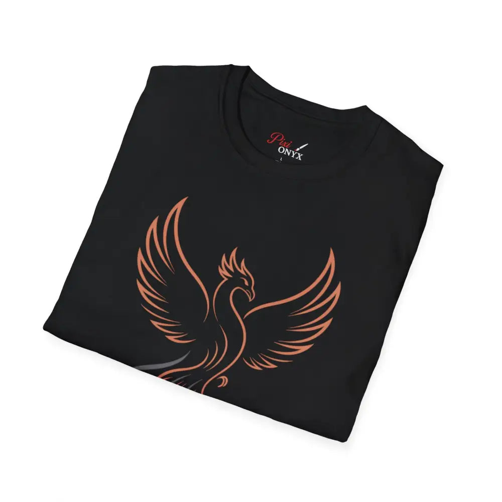 Black crew-neck T-shirt with copper phoenix design, eco-friendly fabric, and shoulder tape