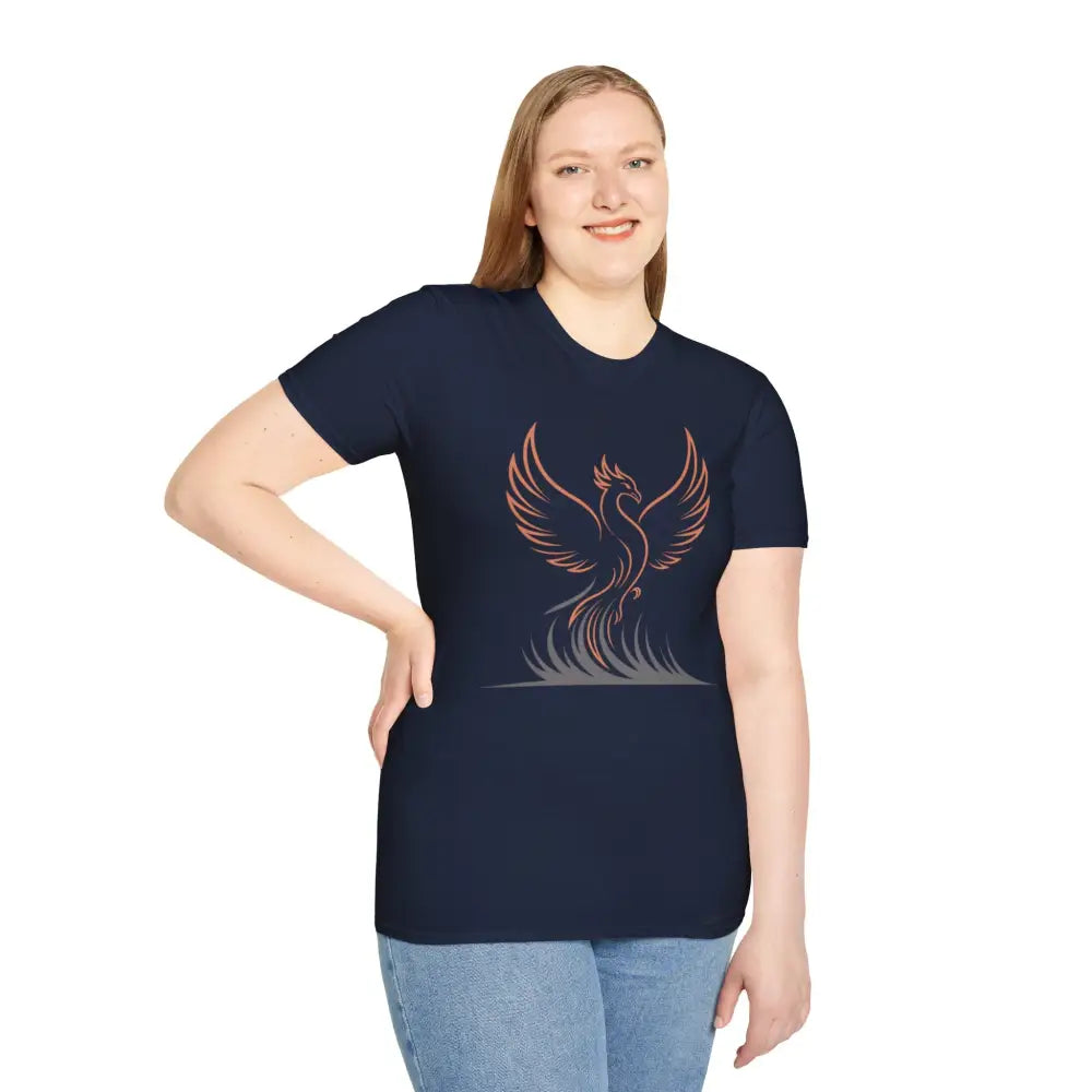 Dark blue Phoenix Rising T-Shirt with graphic, elastic ribbed knit, and shoulder tape stabilizes