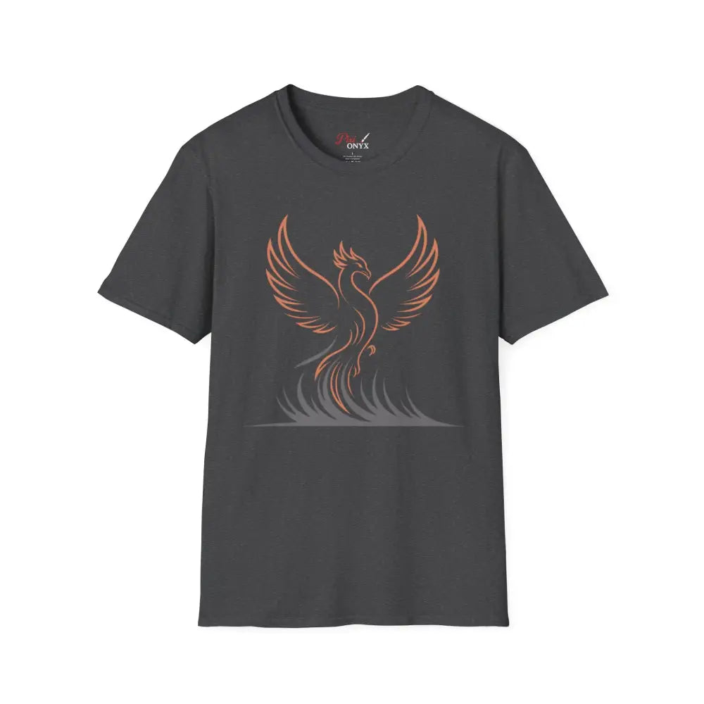 Dark gray short-sleeve T-shirt with peach phoenix graphic, elastic ribbed knit, shoulder tape stabilizes