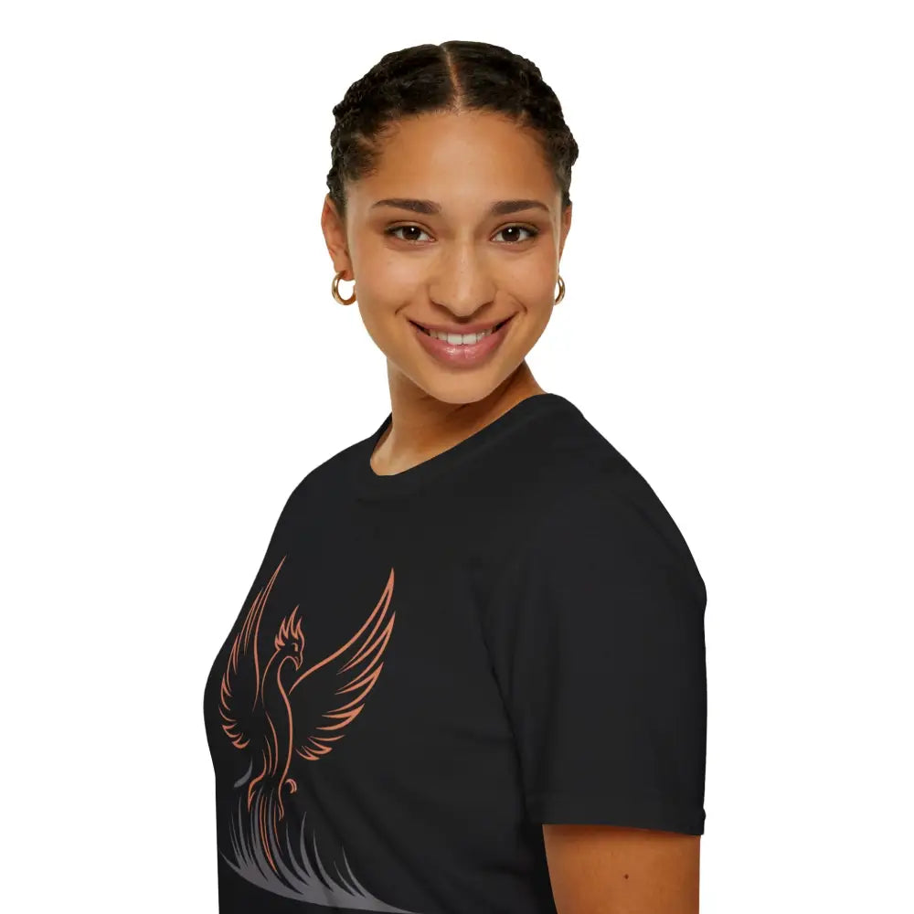 Woman in black phoenix graphic T-shirt with reduced fabric waste and elastic ribbed knit