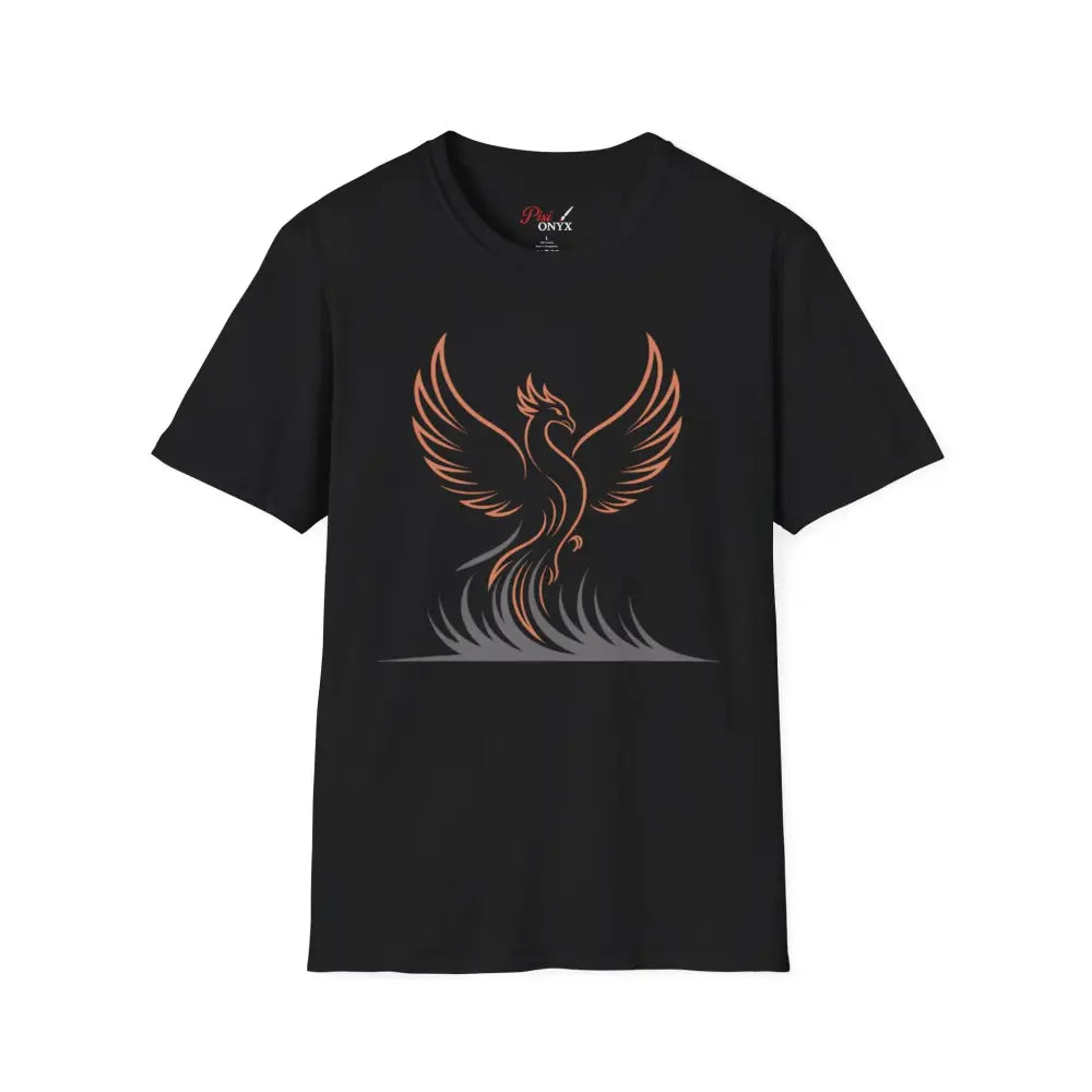 Black short-sleeve crewneck T-shirt with phoenix graphic, elastic ribbed knit, shoulder tape stabilizes, sustainable fashion