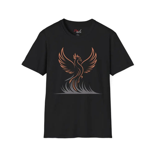 Black short-sleeve crewneck T-shirt with phoenix graphic, elastic ribbed knit, shoulder tape stabilizes, sustainable fashion