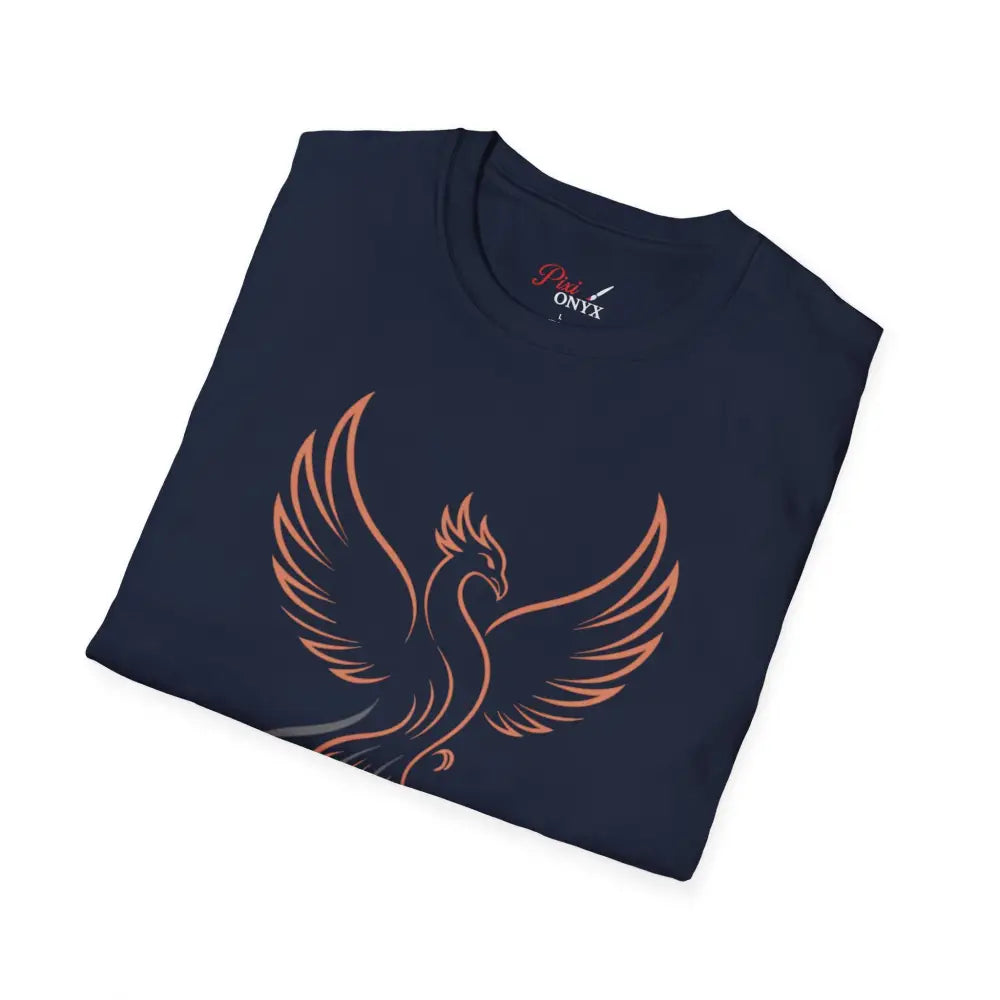 Dark blue Phoenix Rising T-Shirt with copper design, elastic ribbed knit, reduces fabric waste