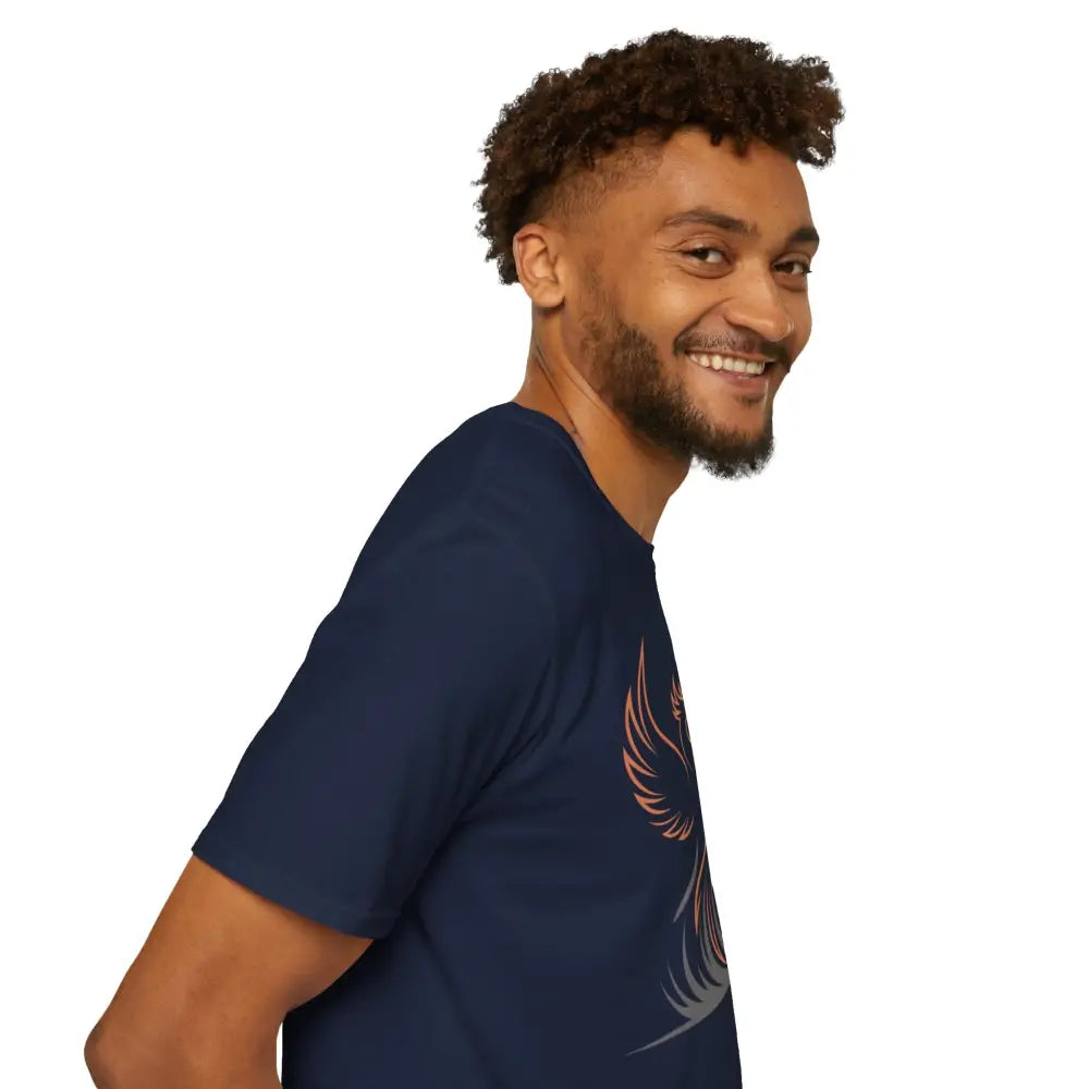 Dark blue Phoenix Rising T-Shirt with stylized orange and gray wing design, eco-friendly fabric