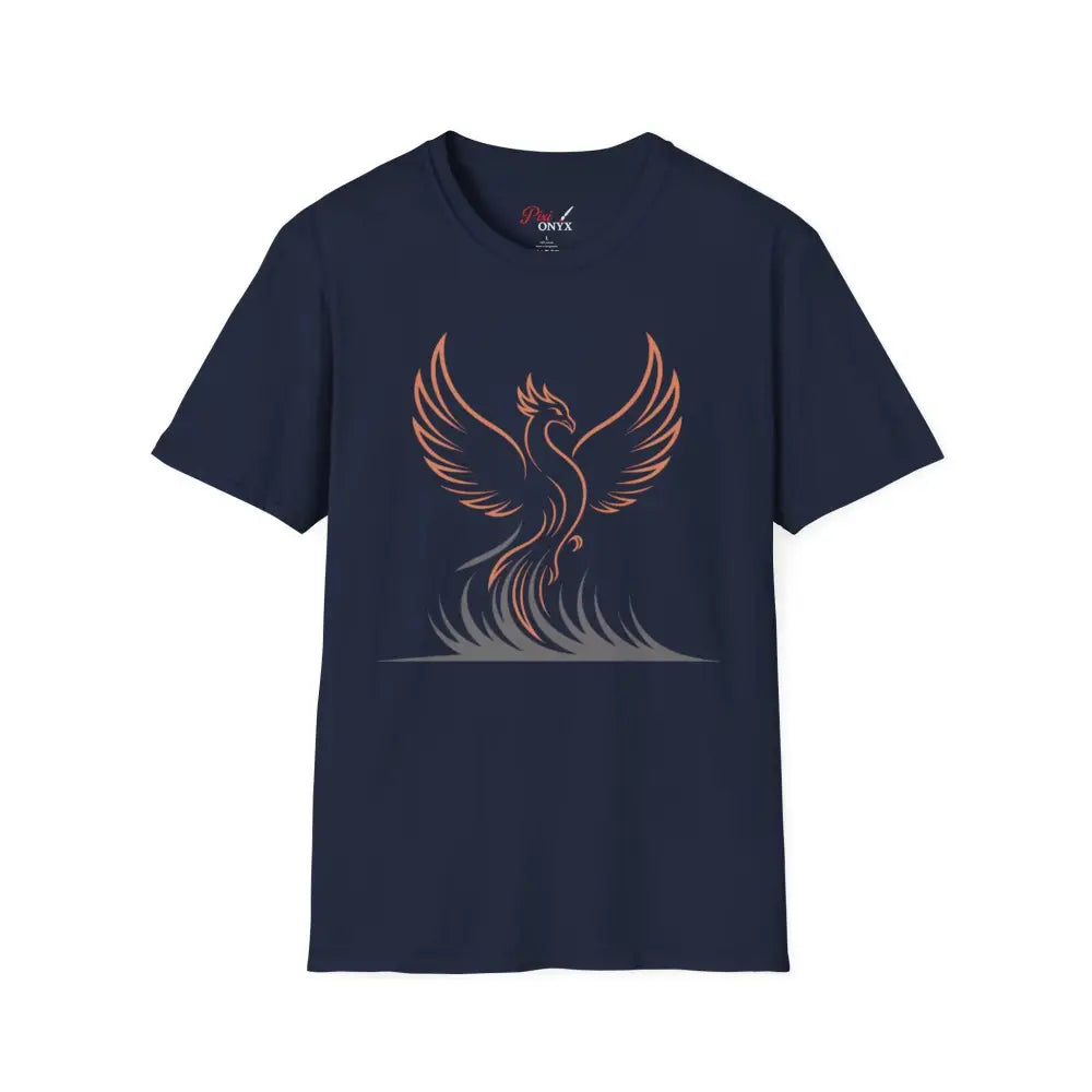Dark blue Phoenix Rising unisex T-shirt with orange phoenix design, elastic ribbed knit, shoulder tape stabilizes