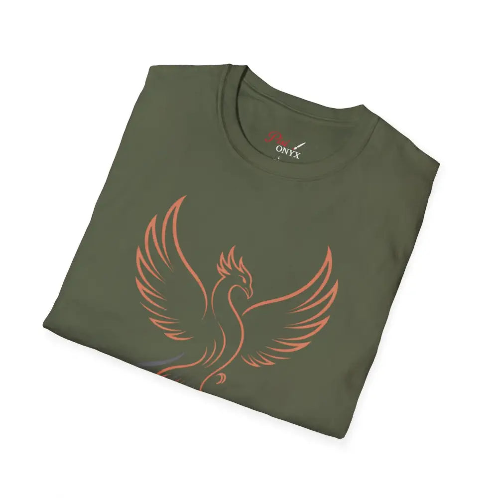 Olive green Phoenix Rising unisex T-shirt with peach phoenix design, reduced fabric waste, elastic ribbed knit, shoulder tape stabilizes