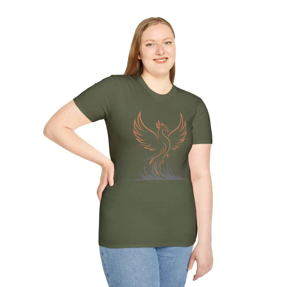 Woman in olive green Phoenix Rising T-Shirt with red phoenix design, elastic ribbed knit