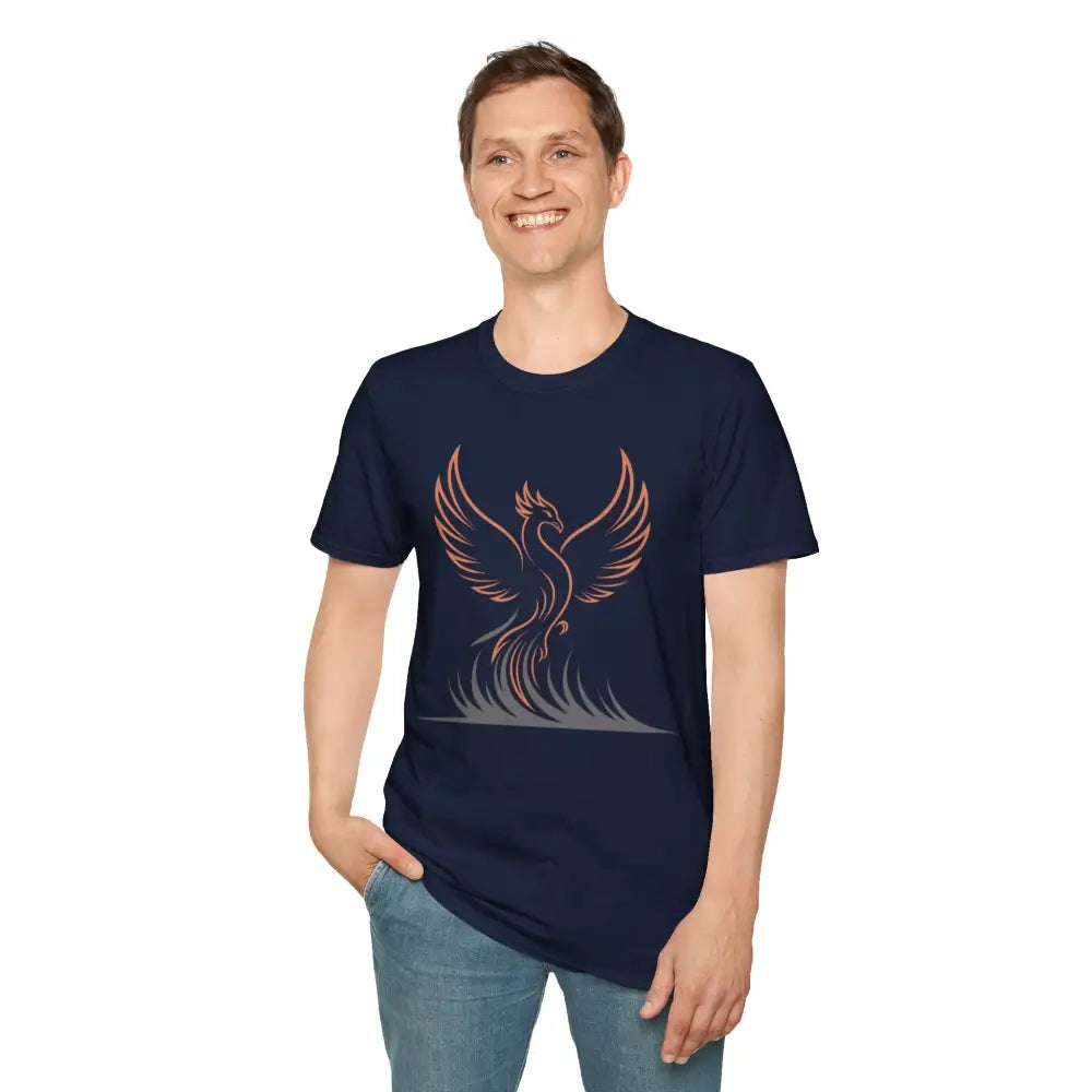 Man wearing navy Phoenix Rising unisex softstyle T-shirt with stylized phoenix design