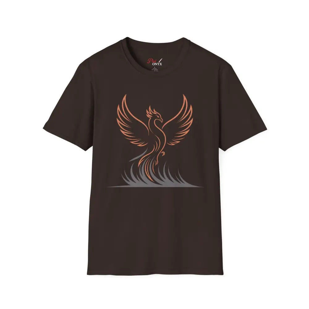 Dark brown Phoenix Rising T-Shirt with orange and grey graphic, elastic ribbed knit, shoulder tape stabilizes for comfort