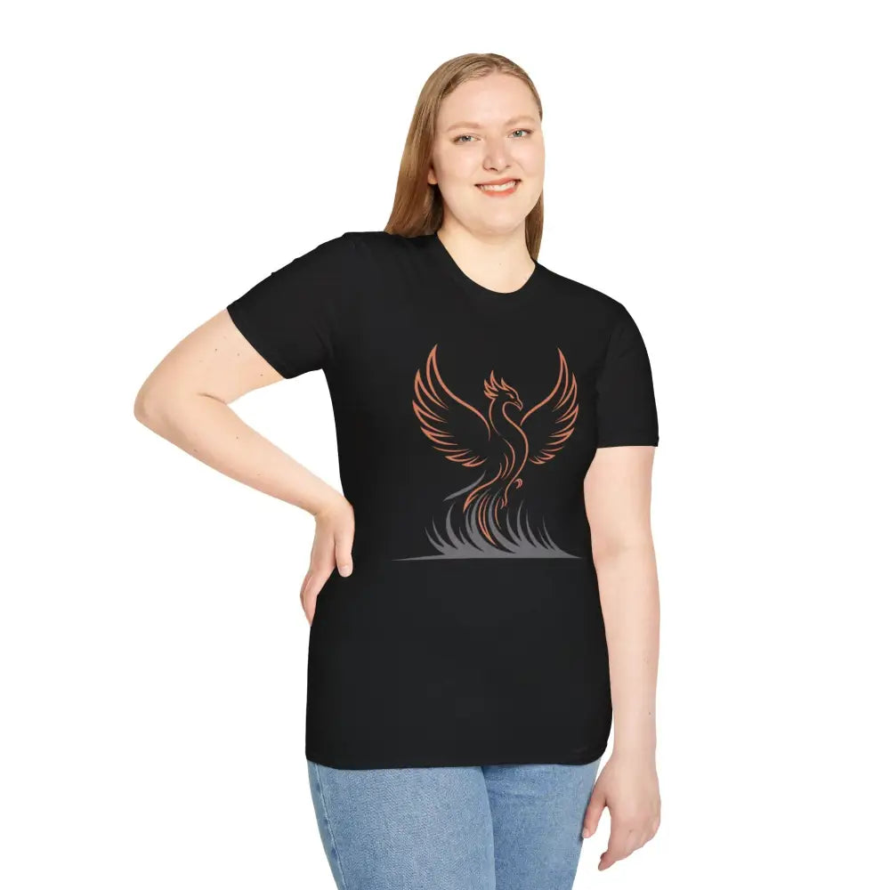 Black phoenix design T-shirt with reduced fabric waste and elastic ribbed knit for comfort