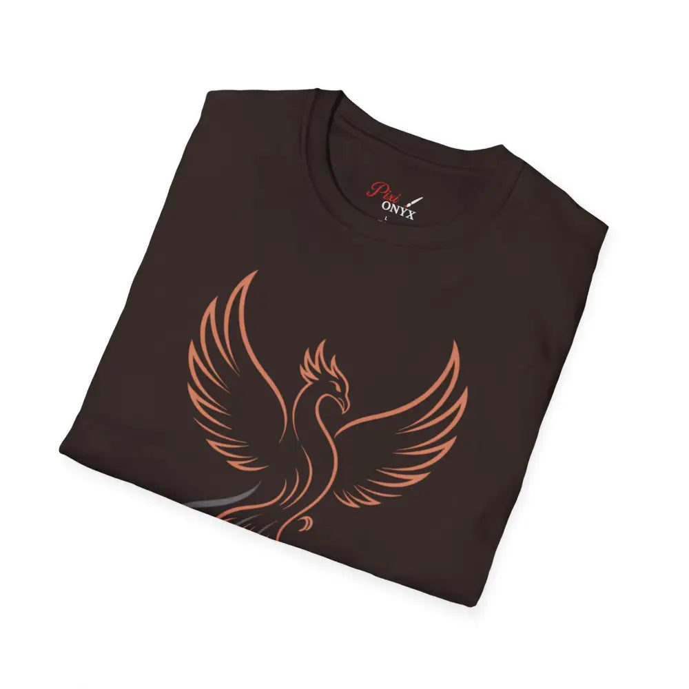 Dark brown Phoenix Rising T-Shirt with peach phoenix design, elastic ribbed knit, shoulder tape stabilizes for comfort