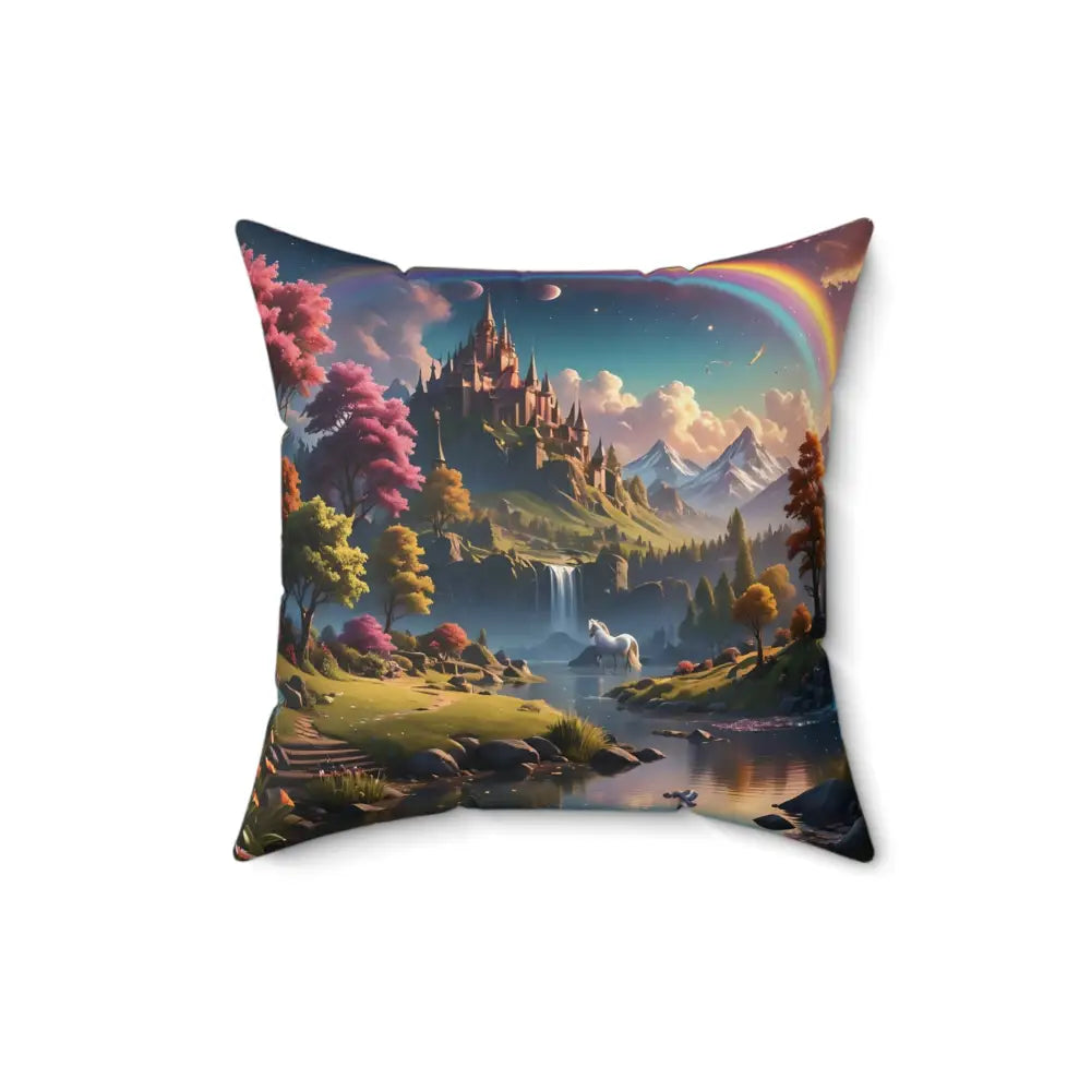 Square throw pillow with a fantasy landscape featuring a Rainbow Unicorn Dreamscape design