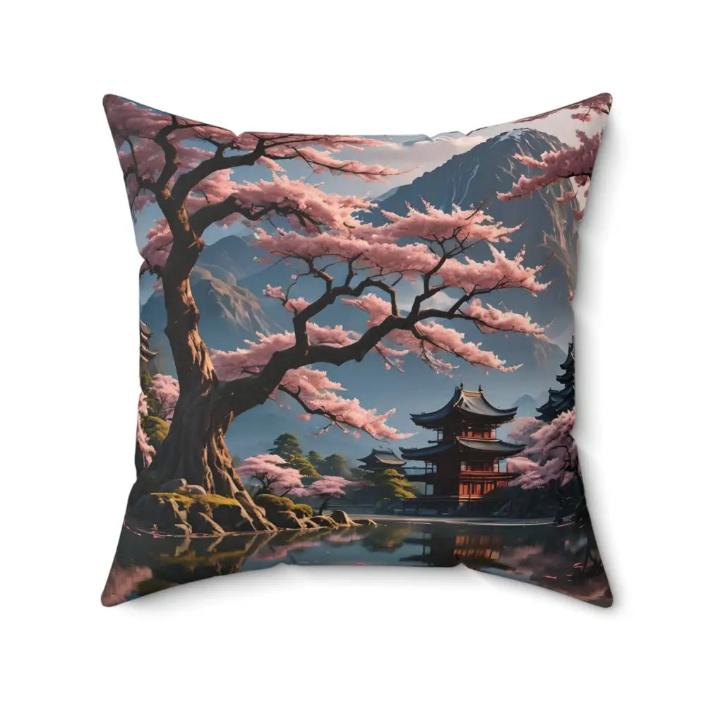 Square pillow with Japanese landscape design for Temple Blossom Serenity Zen Garden Accent