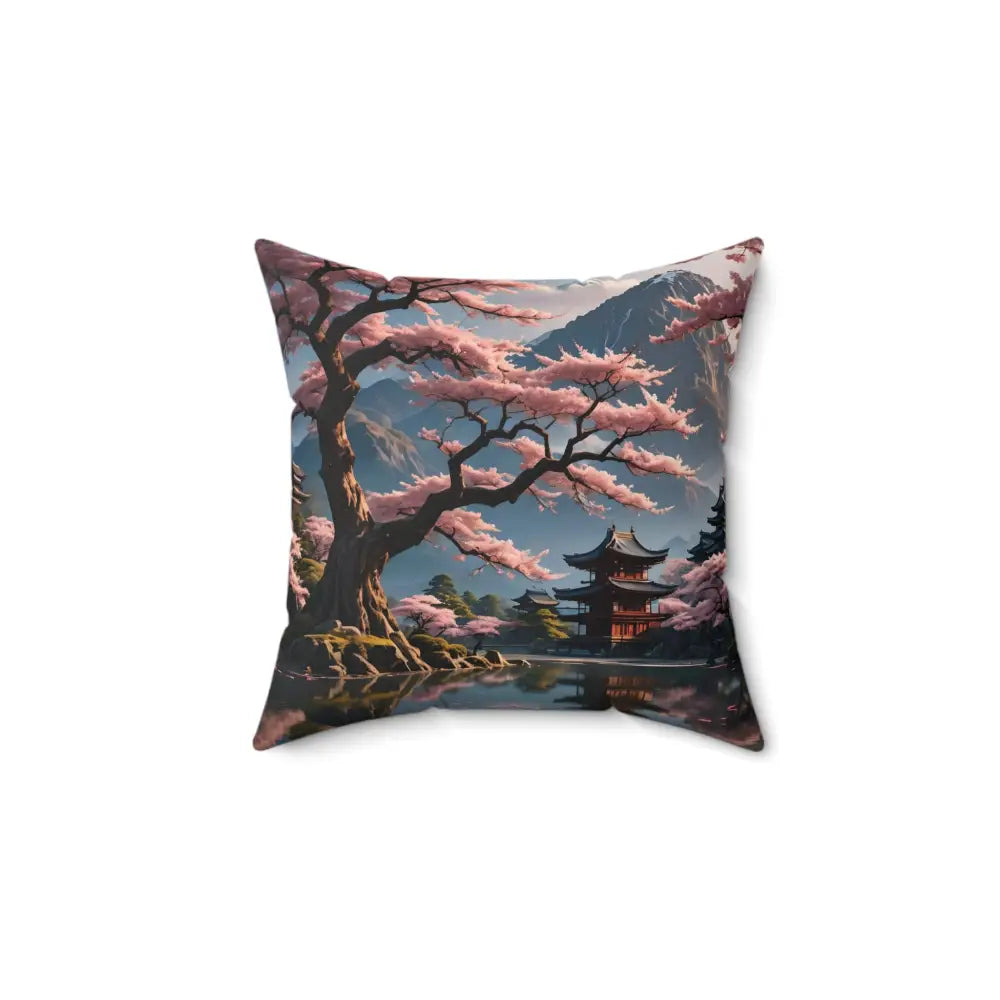 Square decorative pillow featuring a Japanese landscape design from Pillow – Temple Blossom Serenity