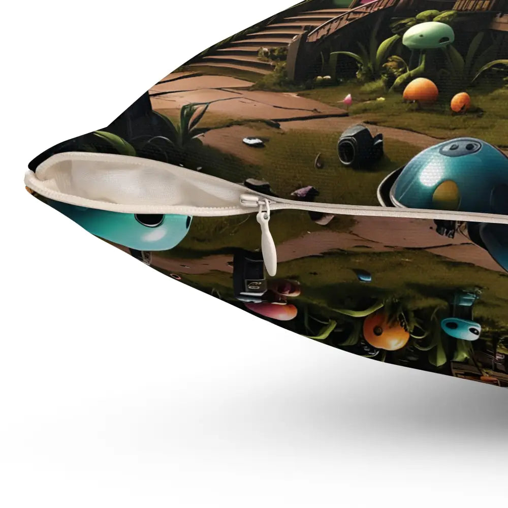 Zippered pillow featuring whimsical psychedelic forest landscape with mushroom house design