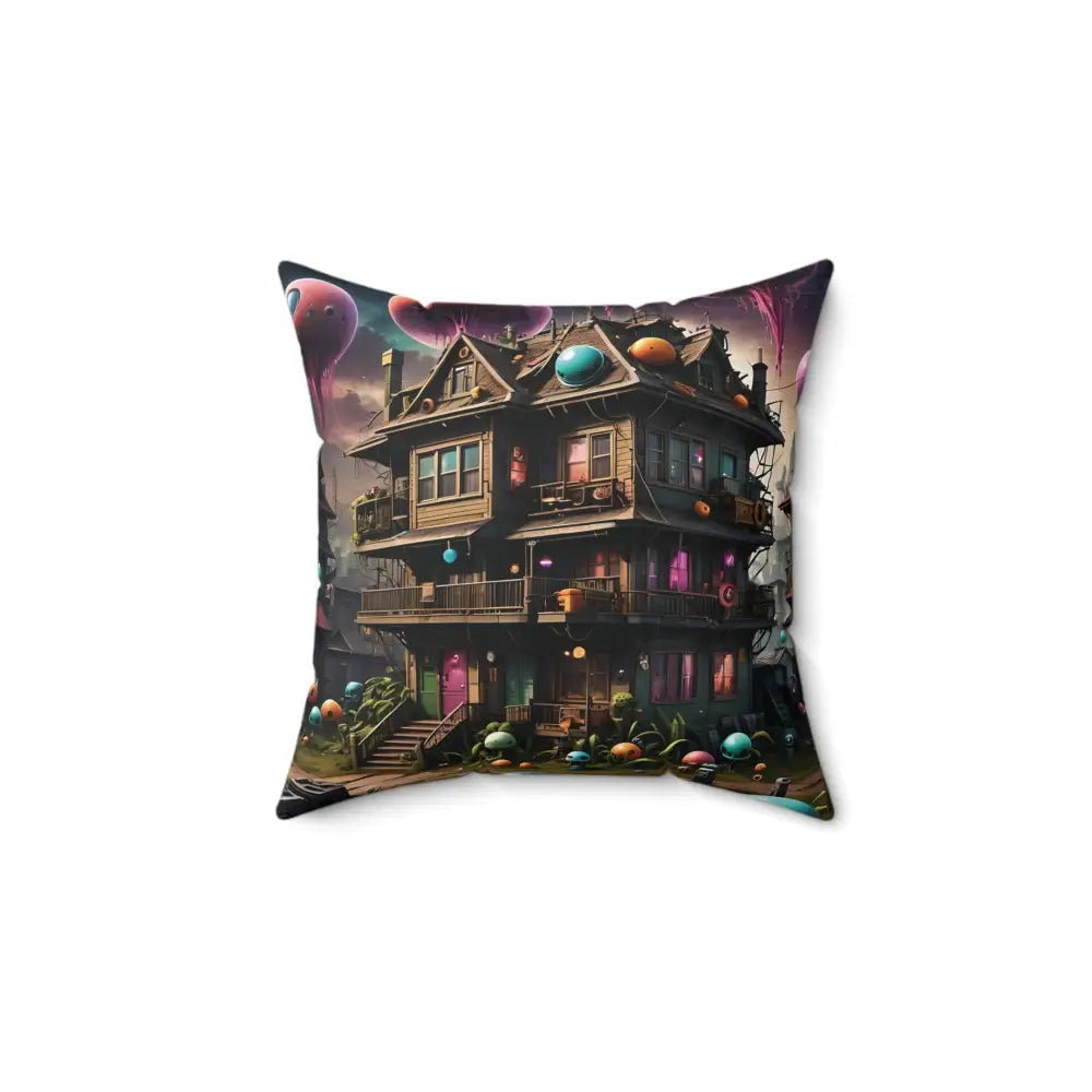 Square pillow with whimsical Mushroom House design from PixiOnyx Psychedelic Forest Cushion