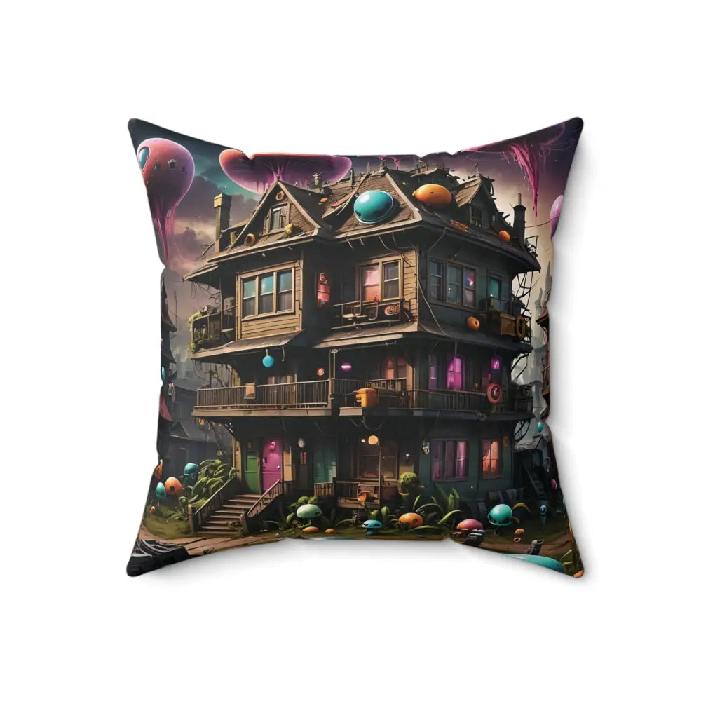 Whimsical house-themed throw pillow from PixiOnyx Psychedelic Forest Cushion collection