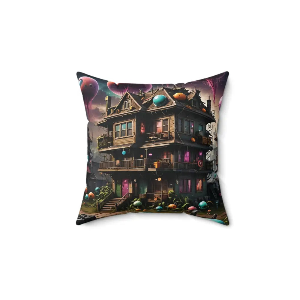 Square pillow with whimsical house design from PixiOnyx Psychedelic Forest Cushion collection