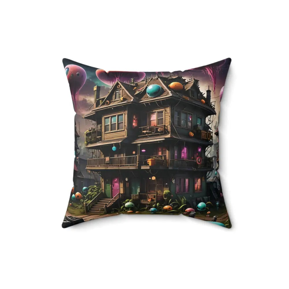 Square pillow with whimsical house design from PixiOnyx Psychedelic Forest Cushion collection