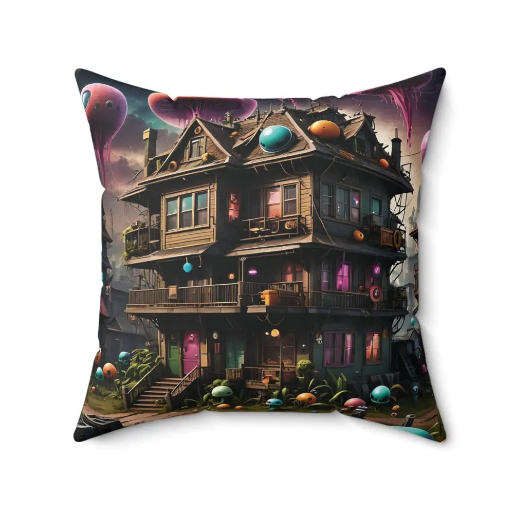 Square pillow with whimsical Trippy Mushroom House design in PixiOnyx Psychedelic Forest Cushion collection