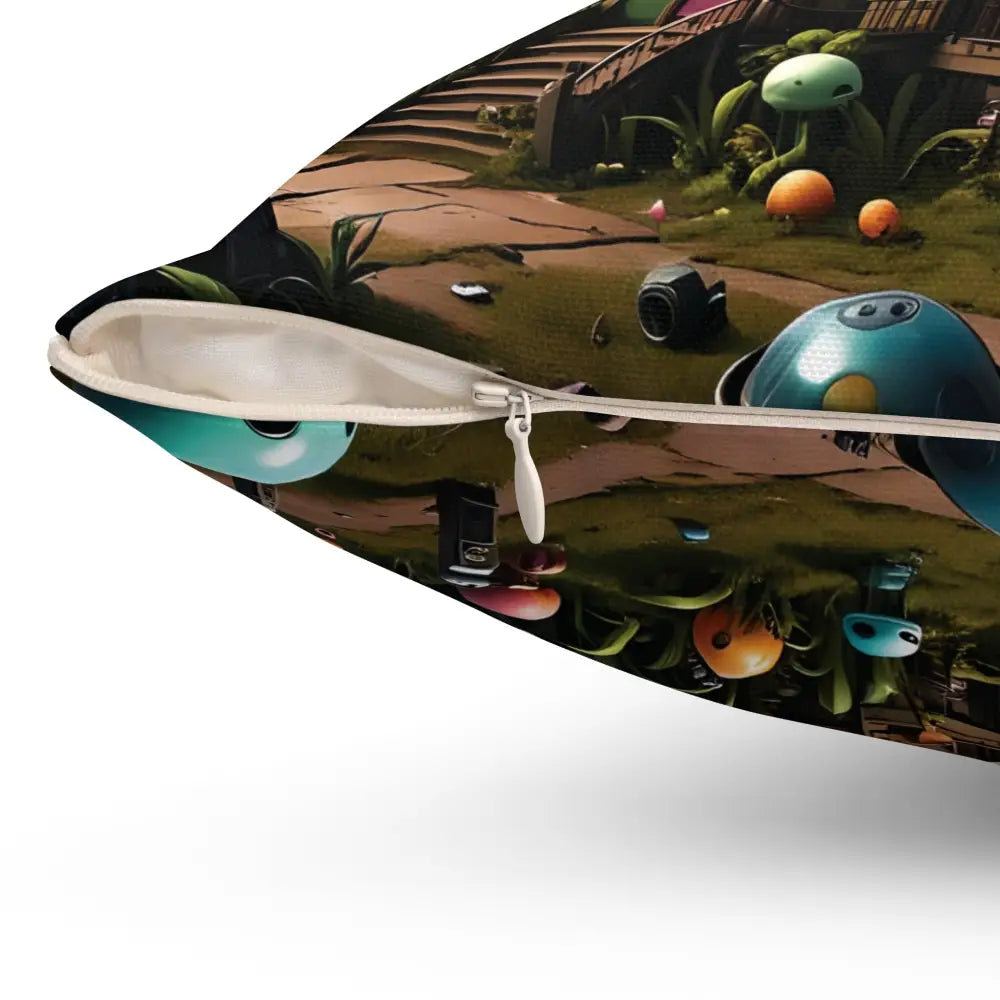 Whimsical robot-themed pillow from PixiOnyx Psychedelic Forest Cushion collection