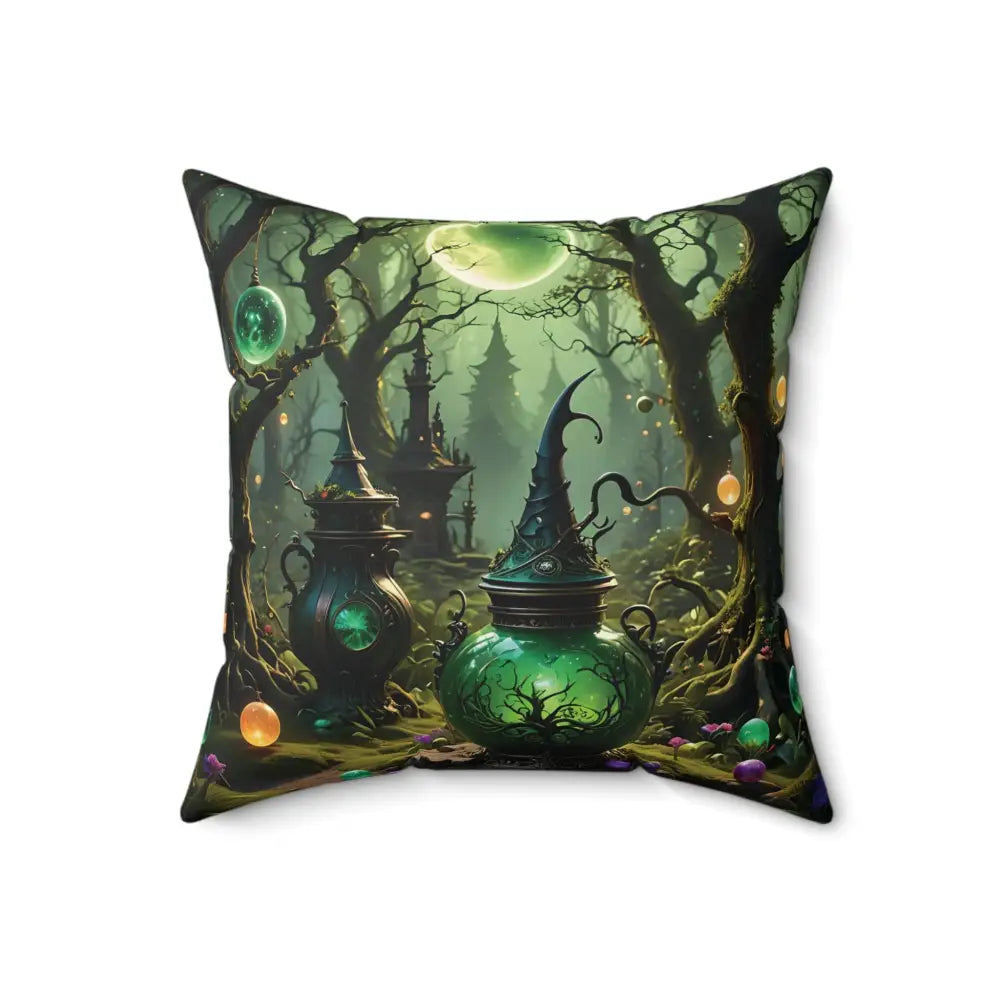 Square pillow featuring a whimsical witchy forest scene for PixiOnyx Enchanted Brew Cushion