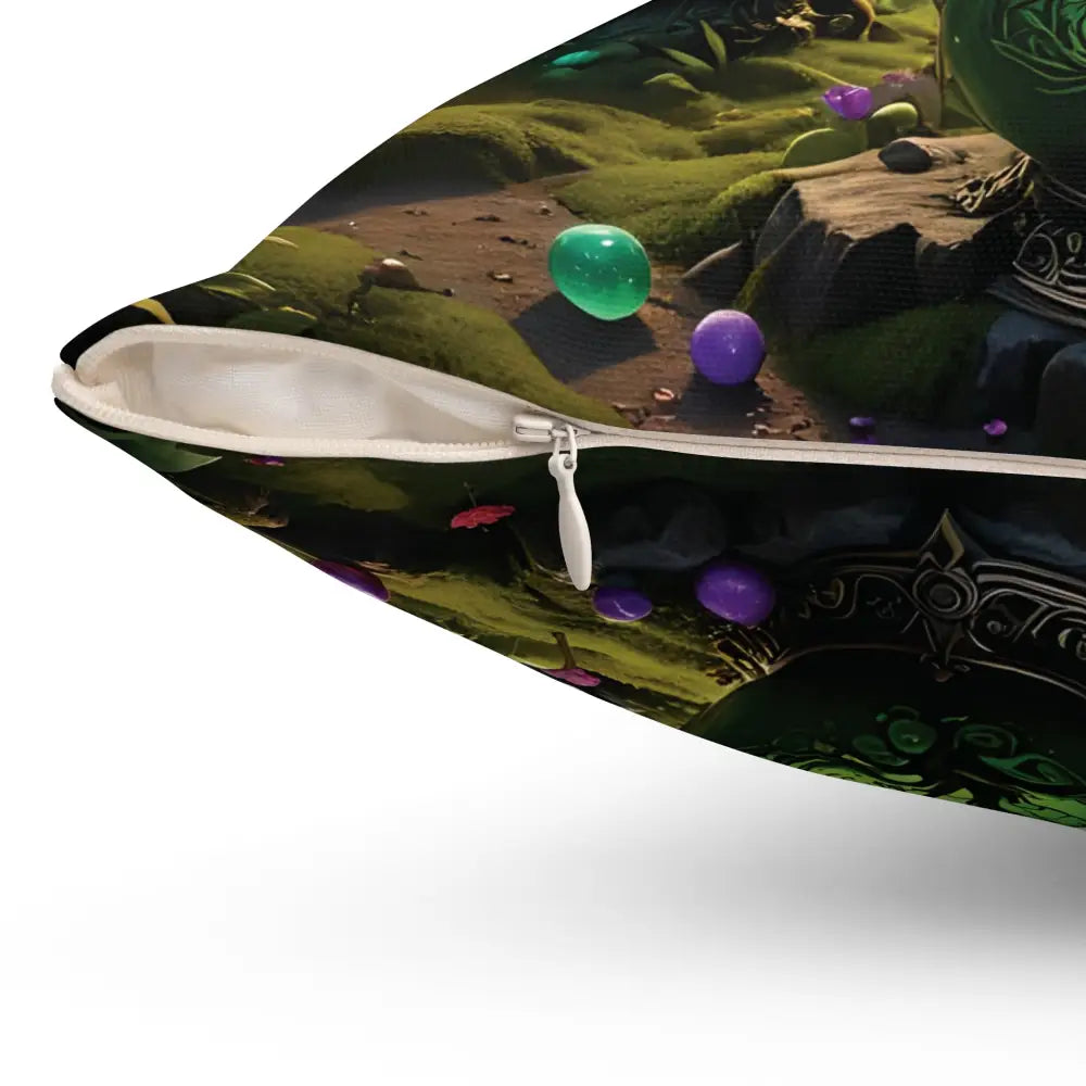 Decorative pillow featuring a fantasy forest scene for PixiOnyx Enchanted Brew Cushion
